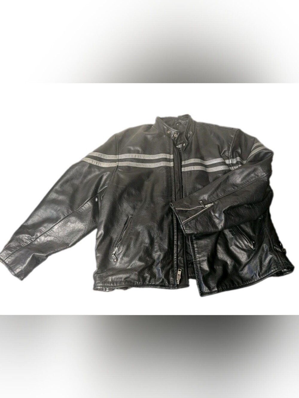 Unik Black Leather Bomber Jacket with Silver Racing Stripes
